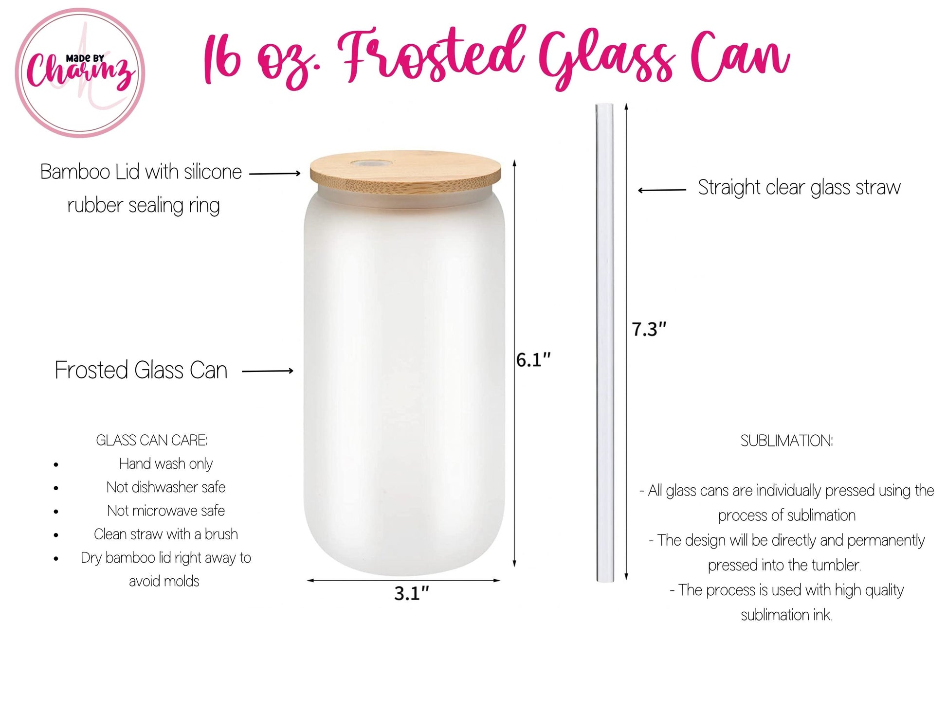 Affirmations Frosted Glass Can with Bamboo Lid and Glass Straw