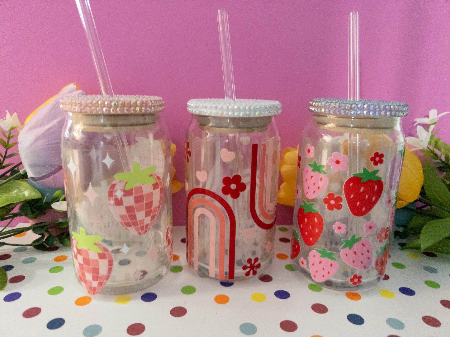 Strawberry Glass Can| Floral Rainbow Glass Can