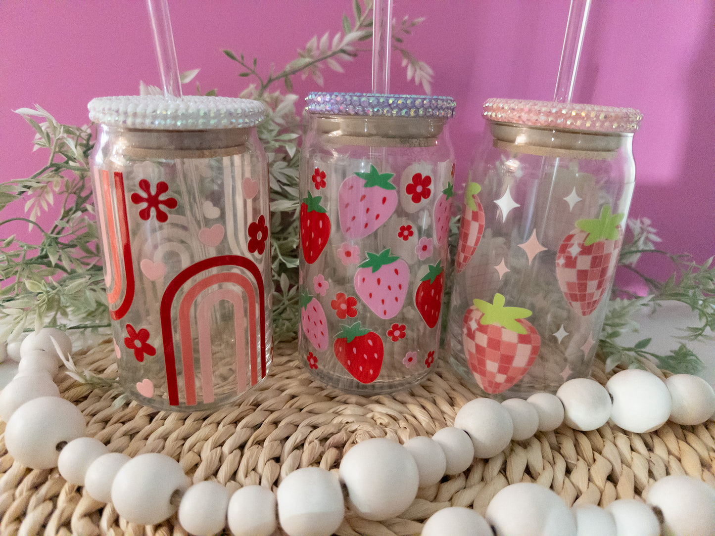 Strawberry Glass Can| Floral Rainbow Glass Can