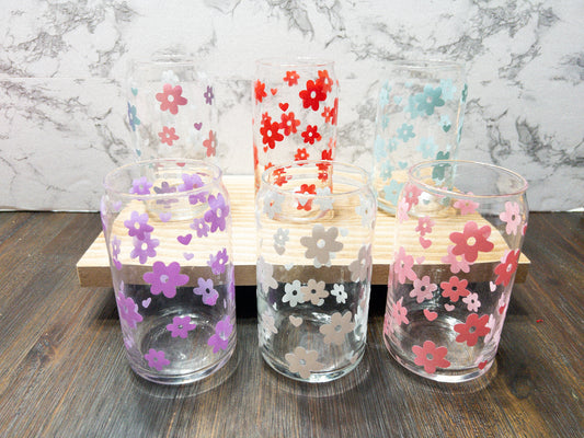 Retro Flower with Heart Glass Can