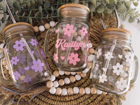 Retro Flower Mason Jar with Handle